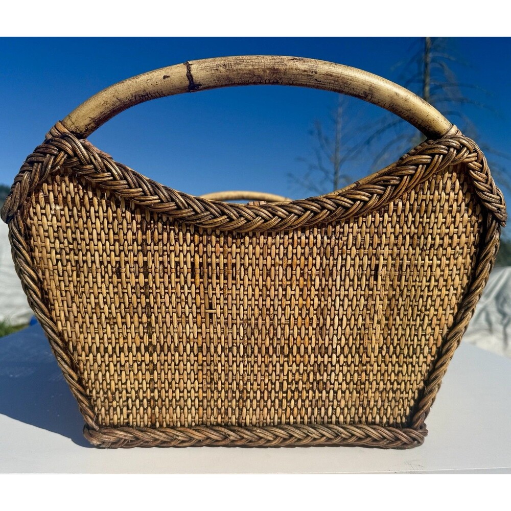 Lg Sturdy Boho Woven Wicker Ratan Basket Bent Bamboo Handles Frame Braded Trim